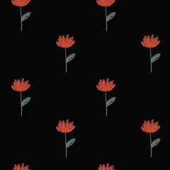 Pattern of flowers drawn with colored pencils on a black background idea for wrapping paper