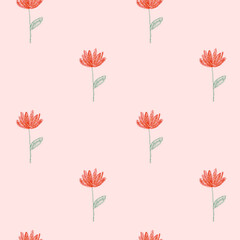 Pattern of flowers drawn with colored pencils on a pink background idea for wrapping paper