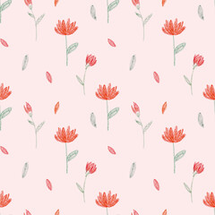 Pattern of flowers drawn with a colored pencil on a pink background