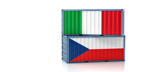 Two freight container with Italy and Czech Republic flag. Copy space on the left side - 3D Rendering
