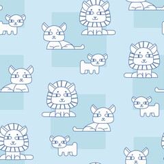 Cute lion family. Children's pattern with blue animals. Bed tones