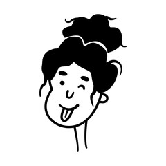Funny cartoon girl winks and shows tongue. Head and face of cute young woman. Emotional facial expression. Black and white icon character mascot for logo, emblem, label, sign, avatar, profile picture