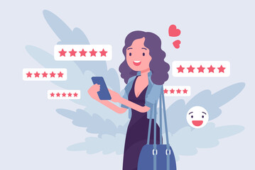 Customer experience positive review, rating to product, service or business. Woman, happy client, user giving five star opinion via smartphone app, nice report. Vector flat style cartoon illustration