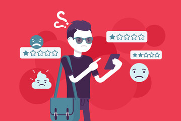 Customer experience negative review, rating to product, service or business. Man, unhappy client, user giving worst star opinion via smartphone app, bad report. Vector flat style cartoon illustration