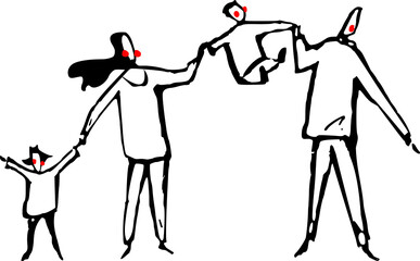 Happy family. Vector illustration of father, mother, daughter and son. Silhouete ink.