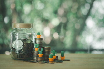 Miniature cactus trees with coin money. The concept of profit growth concept