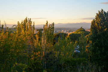 Fototapeta premium Madrid, Spain - October 25, 2020: View of the park Parque de Atenas at sunset time