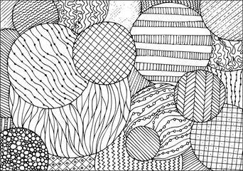 Doodle surreal fantasy circles coloring page for adults. Fantastic graphic artwork. Hand drawn simple illustration.