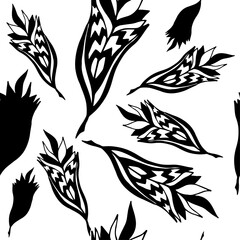 Black painted decorative feathers on a white background. Seamless pattern. Creative illustration. Vector illustration for web design or print.