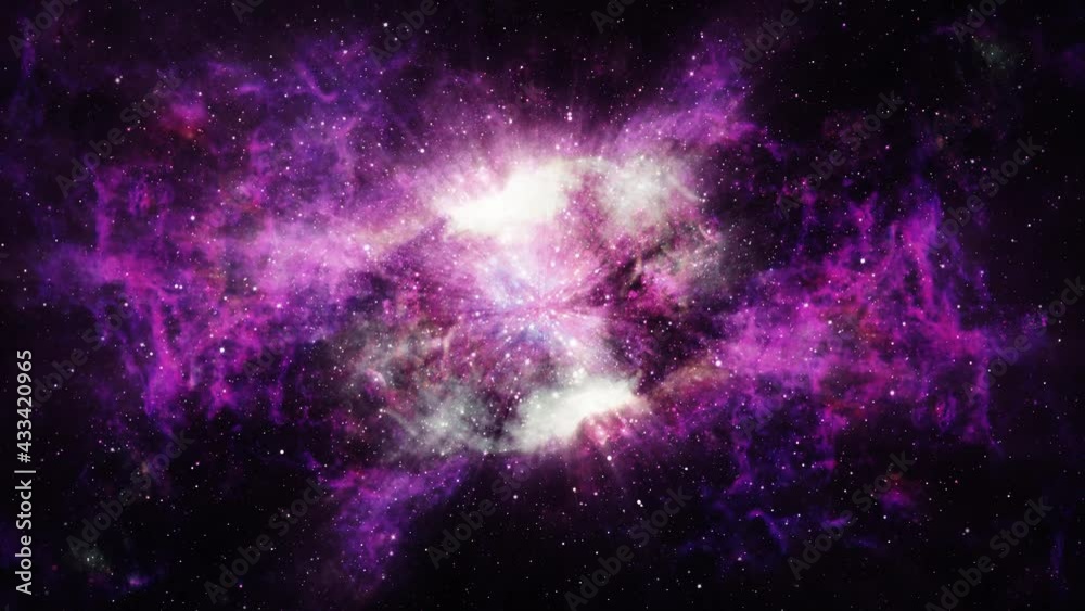 Wall mural 4k 3d render seamless loop space background with beautiful glow purple nebula and shining stars. fly
