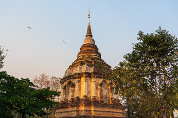 Fototapeta premium Pagoda at Wat Jet Yod, Phra Aram Luang, Chiang Mai Province, Thailand., which is a pagoda containing the royal bones of King Tilokarat, A.D. 1455