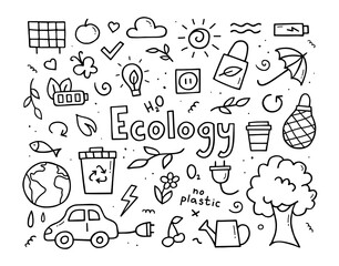 Hand drawn set of ecology. Eco in doodle style. Vector illustration.