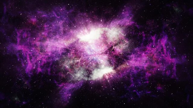 4k 3D render seamless loop space background with beautiful glow purple nebula and shining stars. Flying through nebula and star fields in deep space. Hyperspace abstract background. Magic color galaxy