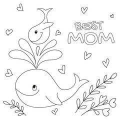 Big whale mom and her cub. Vector illustration in doodle style on a white background. A small whale rides on a fountain. Monochrome childish drawing by hands, coloring book page.