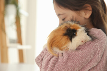 Little girl with guinea pig at home, space for text. Childhood pet