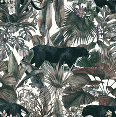 Tropische Blätter, Panther und Orchidee. Nahtloses Vintage-Muster. Tapeten mit tropischen Blumen und Blättern