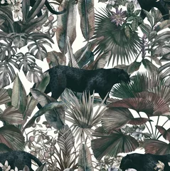 Foto op Plexiglas Tropische print Tropische bladeren, panter en orchidee. Naadloze vintage patroon. Achtergronden met tropische bloemen en bladeren