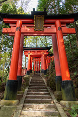 Fototapeta na wymiar The Senbon Torii (233 meters thousands of vermilion torii gates) of Fushimi Inari-taisha. The trails lead into the forest of the sacred mt. Inari. Translation : Yakuriki-Okami