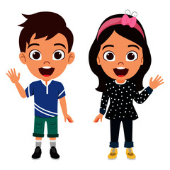 Happy cute kid boy and girl characters wearing beautiful outfit standing together and waving 