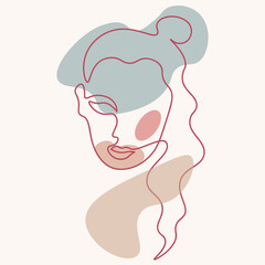 Modern portrait of a girl in the style of line art. Minimalistic illustration on a light background. Illustration for fashion design, printing, fabric, fabric, wallpaper. Vector concept art.