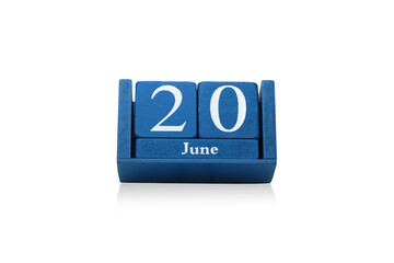 Classic wooden calendar isolated on white background with date June 20 - Father's Day