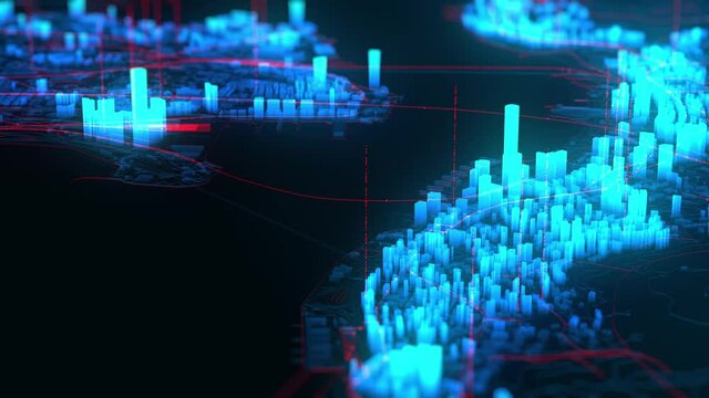 Hologram city buildings rotates, computer graphic industrial animation