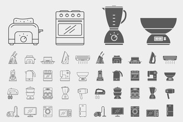 Home machines Icons set - Vector outline symbols and silhouettes of refrigerator, vacuum, microwave, blender, oven, kettle and other appliances for the site or interface