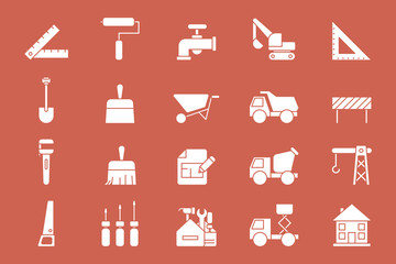 Construction Icons set - Vector silhouettes of building, crane, truck, bulldozer, saw, wrench, shovel and other tool for the site or interface