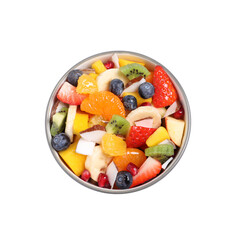 Delicious fresh fruit salad in bowl on white background, top view