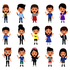 Happy cute kid boys and girls character set collection wearing beautiful outfit standing and waving
