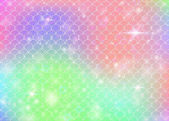 Rainbow scales background with kawaii mermaid princess pattern.