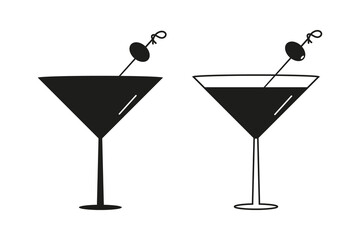 Couple of martini cocktail glasses silhouettes. Martini drink with olives vector icons.