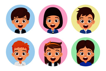 Happy cute kid boys and girls character avatar set collection wearing beautiful outfit posing in circle shape colorful isolated on white background