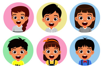 Happy cute kid boys and girls character avatar set collection wearing beautiful outfit posing in circle shape colorful isolated
