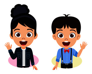 Happy cute kid boy and girl character doing different actions waving isolated