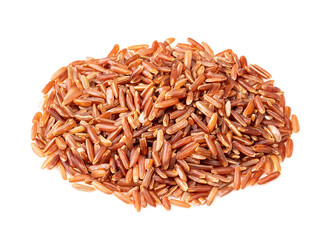 handful of raw red rice closeup on white