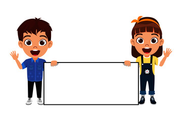 Happy cute kid boy and girl character wearing beautiful outfit standing and holding rectangle shape placard banner together