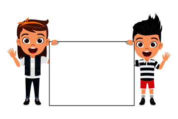 Happy cute kid boy and girl character wearing beautiful outfit standing and holding rectangle shape placard banner together isolated