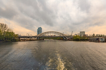 Transport bridge over the Moskva River in the russian capital on a cloudy day. Moscow, Russia