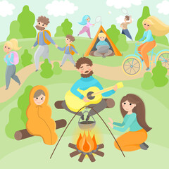 Obraz premium Public natural park or camping concept illustration, Many people doing different outdoor activities. Walking, biking, sitting near fire, singing songs with guitar, playing badminton, working