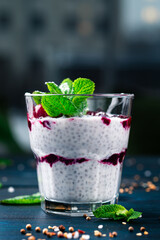 fruit dessert with chia seeds in a glass