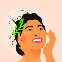 Beauty Face. Female with Natural Makeup and Healthy Skin Portrait. Modern Flat Vector Illustration. Beautiful Model with Green Plant Elements in Her Hair Touching Skin on Abstract Beige Background.
