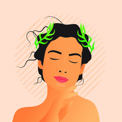 Beauty Face. Female with Natural Makeup and Healthy Skin Portrait. Modern Flat Vector Illustration. Beautiful Model with Green Plant Elements in Her Hair Showing on Her Face on Abstract Background.