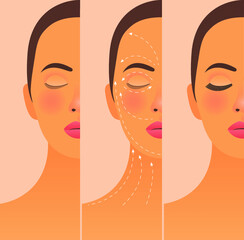 Skin care concept. Beautiful Female Step by Step Improves Skin Condition. Modern Flat Vector Illustration. Female Portrait with Massage Scheme. Eyelash Extension. Website Template.