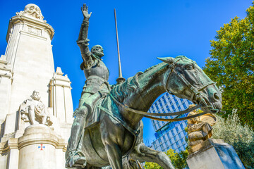 Fototapeta na wymiar Madrid, Spain - October 25, 2020: Sculpture on Spain Square (Plaza de Espana)