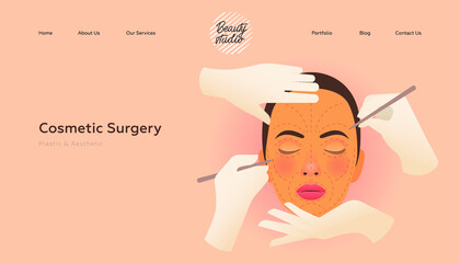 Cosmetic Surgery. Plastic and Aesthetic. Beauty Studio Landing Page Design Template. Website Banner. Surgical Cosmetic Procedure. Female Face with Dotted Lines, Hands Wearing Surgical Gloves.