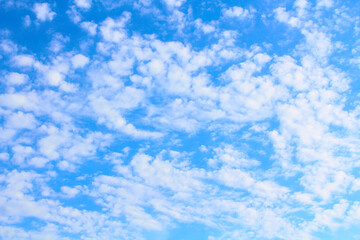 Beautiful blue sky and white cirrocumulus clouds. Background. Texture. Scenery. - obrazy, fototapety, plakaty