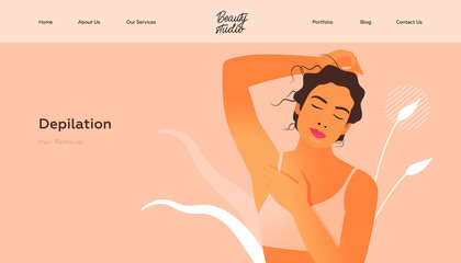 Depilation. Hair Removal. Beauty Studio Landing Page Design Template. Website Banner. Female with Healthy Skin Portrait Shows on her Armpit on Abstract Beige Background.
