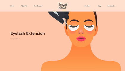 Eyelash Extension Procedure. Beauty Studio Landing Page Design Template. Website Banner. Female with Healthy Skin Portrait Doing Eyelash Extension Procedure. Safety Gloves. 