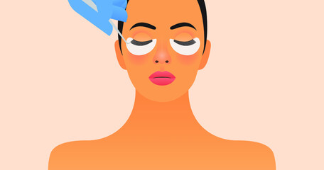 Beauty Studio Template. Female with Healthy Skin Portrait Doing Eyelash Extension Procedure. Safety Gloves. Social Media Banner.